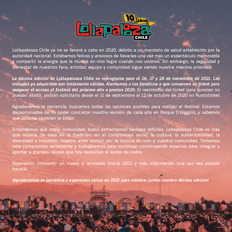 Cancelación y postergación Lollapalooza cl